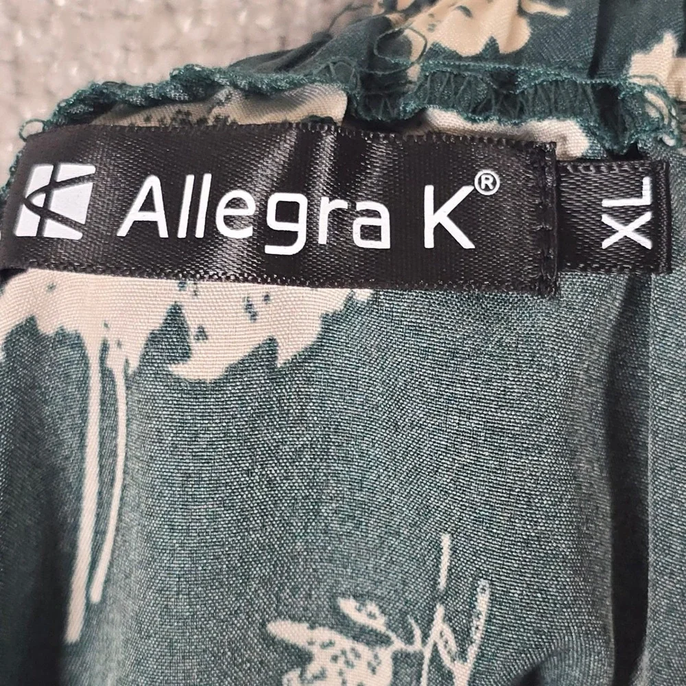 Allegra K XL‎ Green Floral Midi Skirt A-Line Self Tie Belt Side Slit Womens